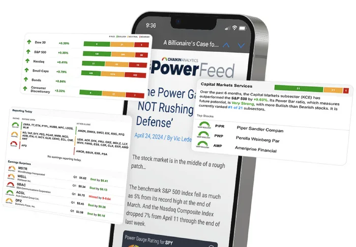 The free PowerFeed newsletter from Chaikin Analytics shown on a phone
