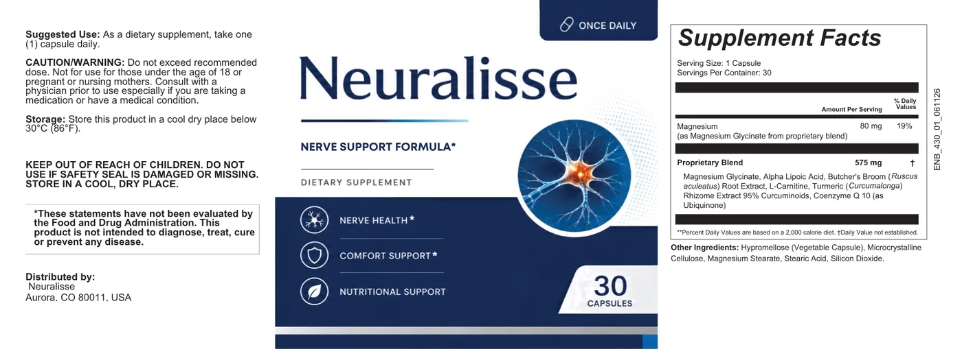 Neuralisse full bottle label showing Supplement Facts: magnesium 80 mg and a 575 mg proprietary blend, plus suggested use and warnings